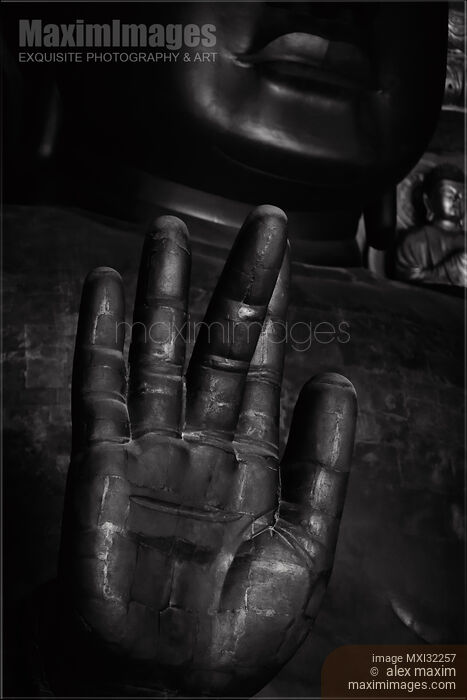 Great Buddha palm Semui-in or Abhaya mudra Todai-ji temple Japan Black and white