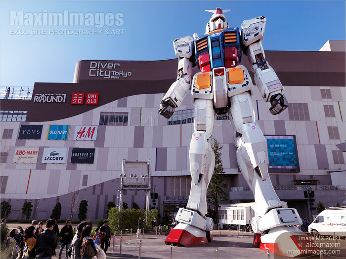 Stock photo of Gundam statue in front of Diver City Odaiba Tokyo Buy commercial use license at MaximImages