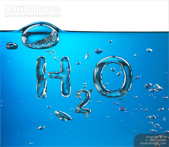 Stock photo of H2O Formula Made by Oxygen Bubbles in Blue Water Buy commercial use license at MaximImages