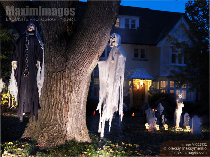 Stock photo of Halloween Decoration in the Front Yard of a House Buy commercial use license at MaximImages