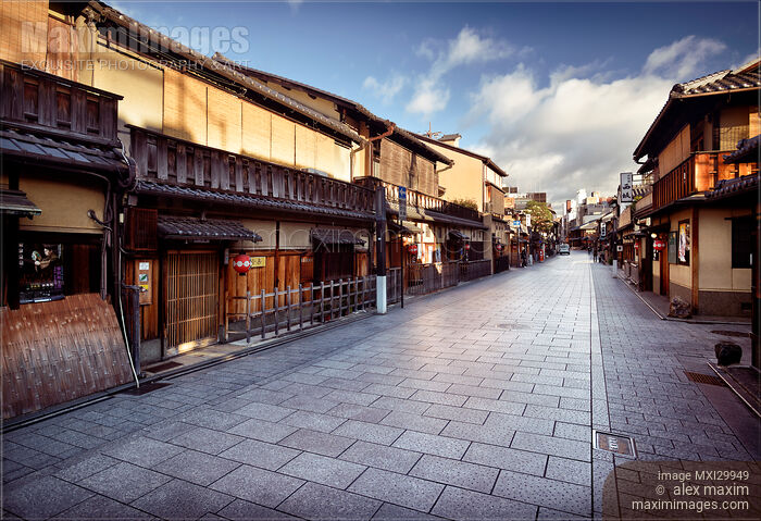 Stock photo of Hanamikoji Dori street in early morning during beatiful autumn sunrise Gion district Kyoto Japan Buy commercial use license at MaximImages