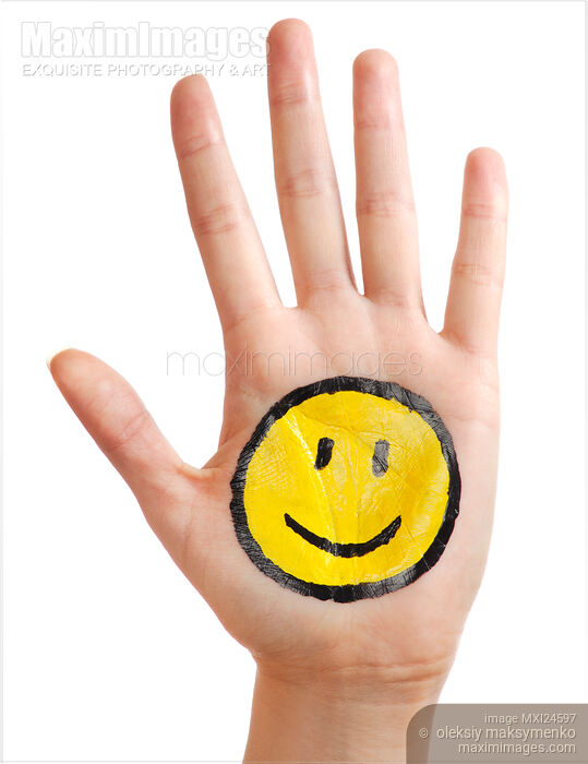 Stock photo of Hand with a Smiley Face Painted on it Buy commercial use license at MaximImages
