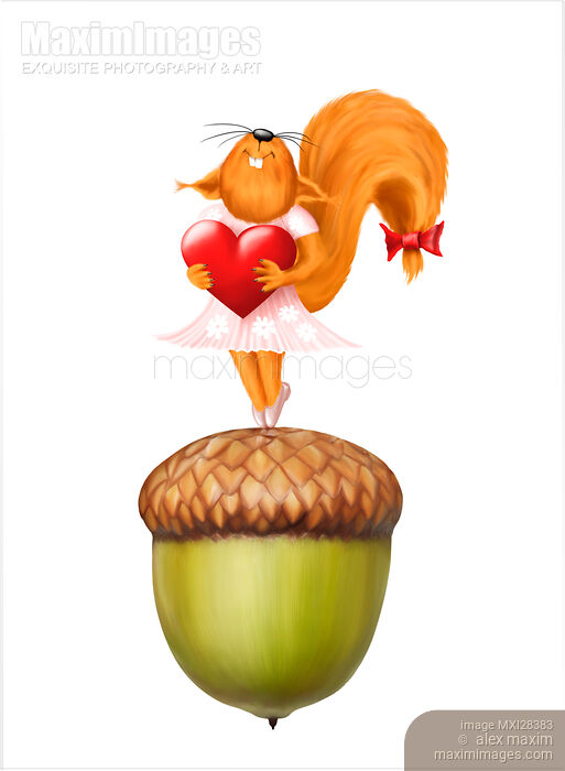 Happy squirrel with heart standing on acorn illustration Stock image of Happy squirrel with heart standing on acorn illustration Buy commercial use license at MaximImages