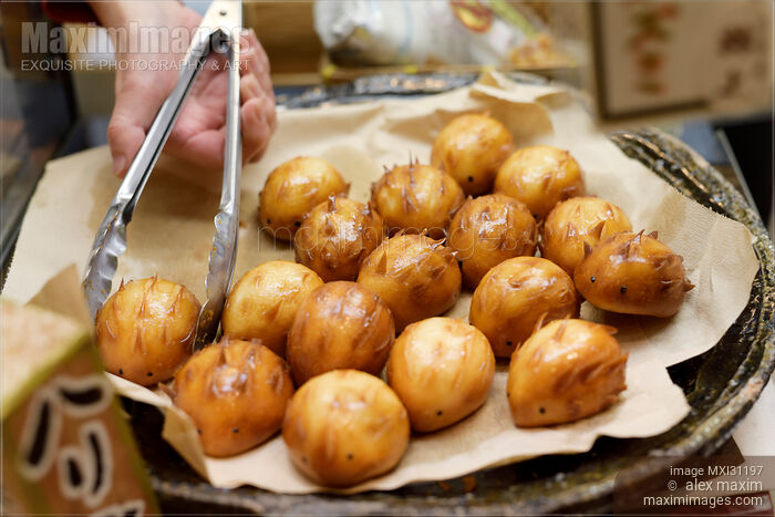 Hedgehog shaped custard pastries Japanese street food sweets at Nishiki market Stock photo of Hedgehog shaped custard pastries Japanese street food sweets at Nishiki market Buy commercial use license at MaximImages