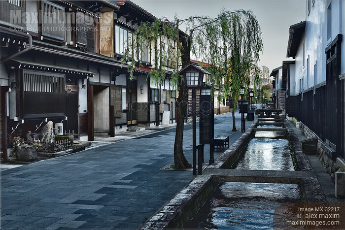 Stock photo of Hida-Furukawa old town street with a canal Japan Buy commercial use license at MaximImages