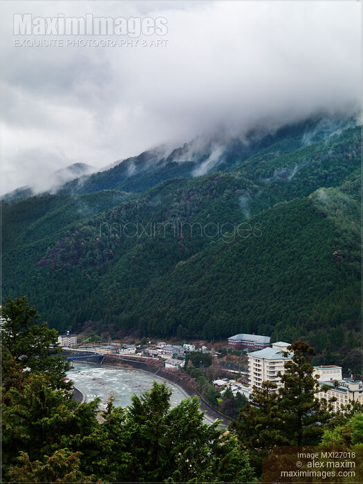 Hida river and mountains in Gero Japan Stock photo of Hida river and mountains in Gero Japan Buy commercial use license at MaximImages