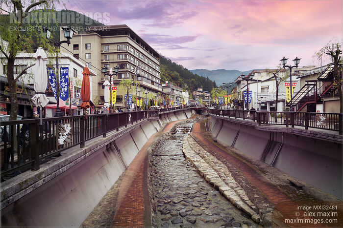 Stock photo of Hot springs town of Gero Japan stream running along the city street Buy commercial use license at MaximImages
