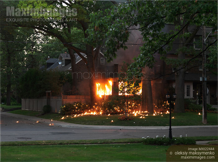 Stock photo of House Burning After Explosion Buy commercial use license at MaximImages