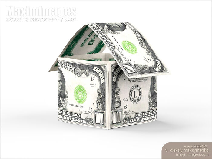 Stock image of House made of thousand dollar bills Buy commercial use license at MaximImages