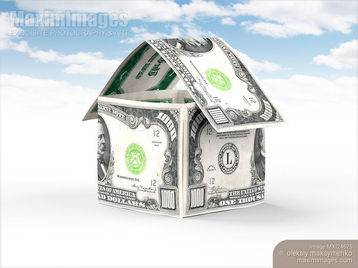 Stock image of House made of thousand dollar bills under blue sky Buy commercial use license at MaximImages