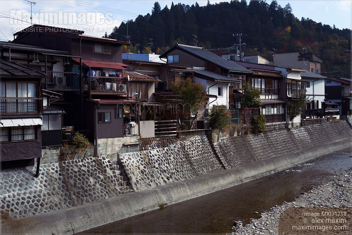 Stock photo of Houses on a bank of Miyagawa river in Hida-Takayama Japan Buy commercial use license at MaximImages
