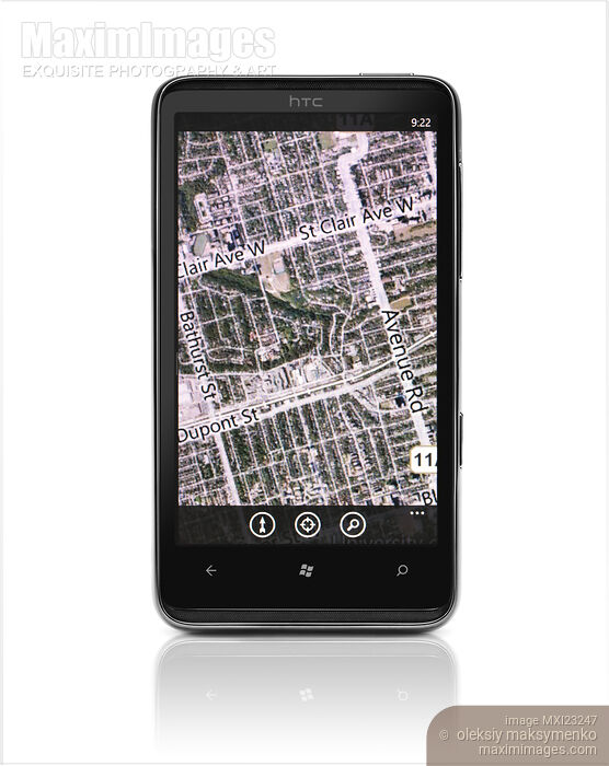 Stock photo of HTC HD7 Smartphone Windows 7 Phone Bing Maps Buy commercial use license at MaximImages