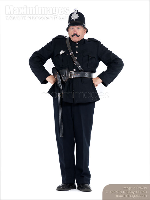 Stock photo of Humorous portrait of police officer showing authority Buy commercial use license at MaximImages