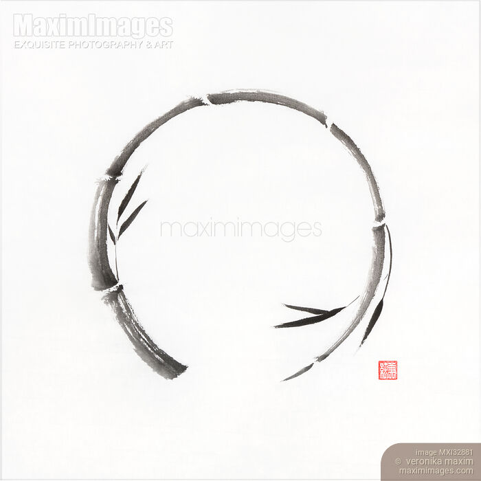 Stock image of Iconic Zen sumi-e artwork of Enso circle in shape of bamboo stalk closing the Buy commercial use license at MaximImages