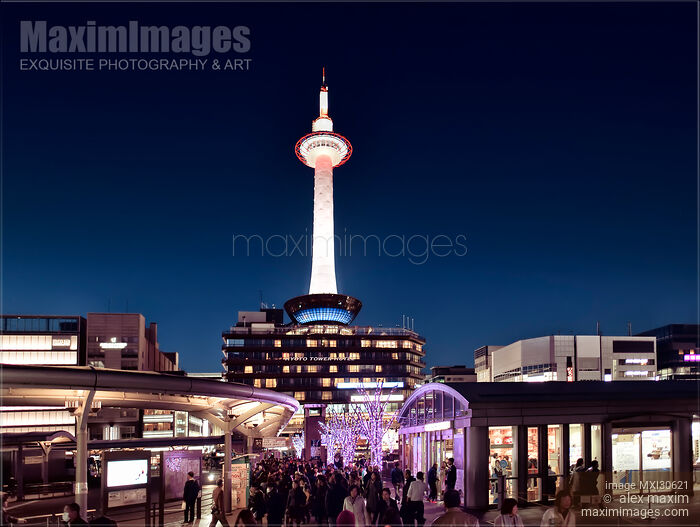 Stock photo of Illuminated a night Kyoto tower view from Kyoto Station Japan Buy commercial use license at MaximImages