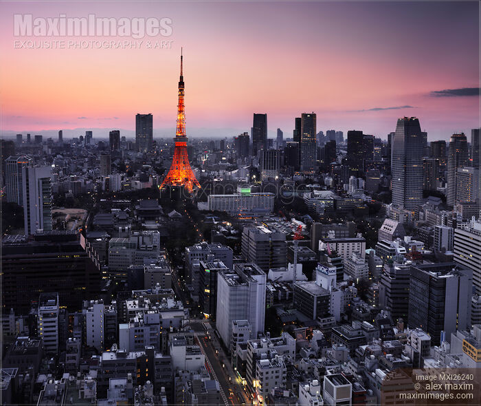 Stock photo of Illuminated Tokyo tower during sunset Buy commercial use license at MaximImages