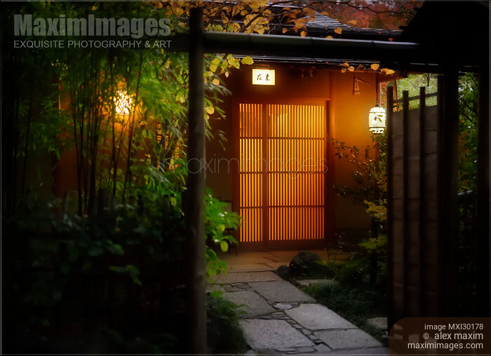 Illuminated with lanterns entrance door of Mizai traditional Japanese restaurant in Kyoto Stock photo of Illuminated with lanterns entrance door of Mizai traditional Japanese restaurant in Kyoto Buy commercial use license at MaximImages