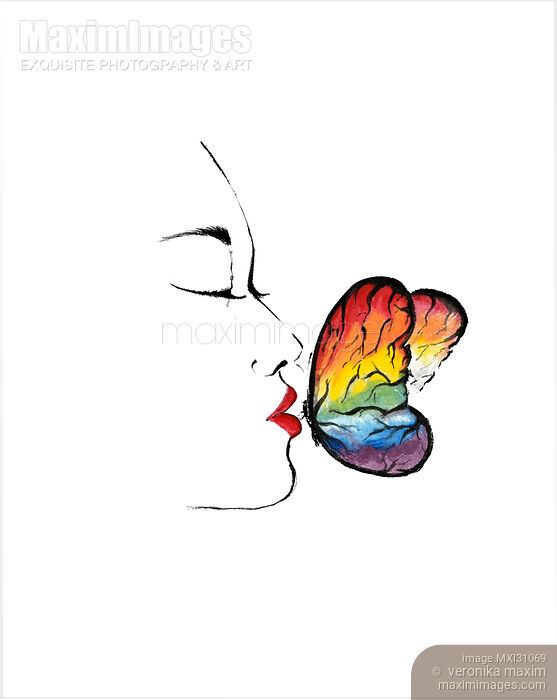 Stock image of Illustration of a beautiful asian woman with a rainbow butterfly on her lips Buy commercial use license at MaximImages