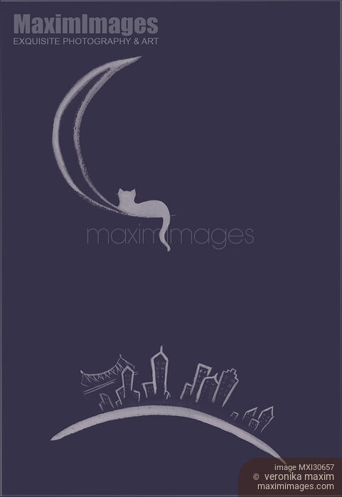 Illustration of a cat lying on the moon above New York city design in navy blue Stock image of Illustration of a cat lying on the moon above New York city design in navy blue Buy commercial use license at MaximImages
