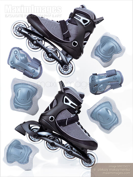 Stock photo of Inline skates and protective gear still life Buy commercial use license at MaximImages