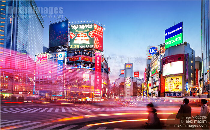 Stock photo of Intersection Shibuya Tokyo colorful lights Buy commercial use license at MaximImages