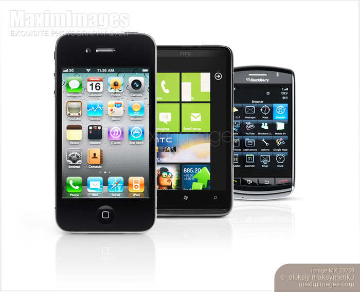 Stock photo of iPhone 4, HTC Windows phone and BlackBerry Storm Smartphones Buy commercial use license at MaximImages