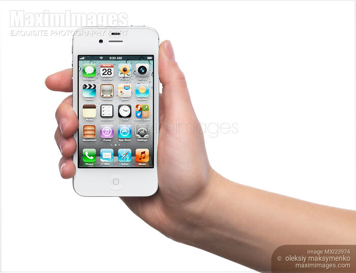 Stock photo of iPhone 4S Smartphone in a Hand Isolated on White Buy commercial use license at MaximImages
