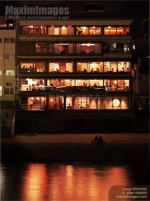 Stock photo of Izumoya Japanese restaurant windows at night Pontocho Kyoto Buy commercial use license at MaximImages