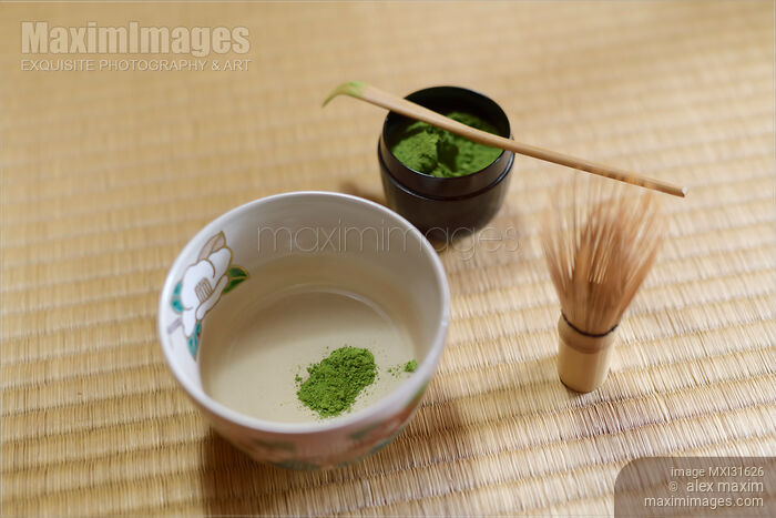 Japanese ceremonial matcha tea set of a bowl with green tea a whisk and a spoon Stock photo of Japanese ceremonial matcha tea set of a bowl with green tea a whisk and a spoon Buy commercial use license at MaximImages