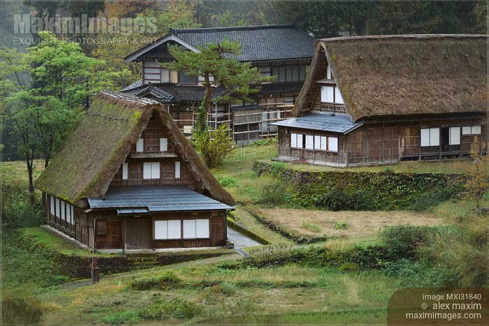 Stock photo of Japanese country scenery of historic Gassho-style thatched farm houses in Ainokura village Buy commercial use license at MaximImages