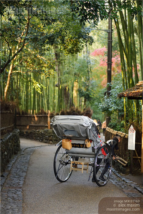 Japanese rickshaw on an old street in Arashiyama Kyoto Stock photo of Japanese rickshaw on an old street in Arashiyama Kyoto Buy commercial use license at MaximImages