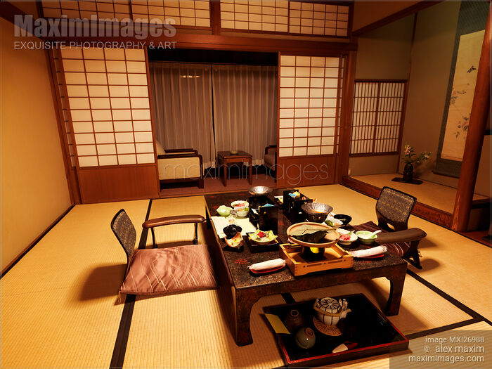 Japanese ryokan hotel room with served dinner Stock photo of Japanese ryokan hotel room with served dinner Buy commercial use license at MaximImages