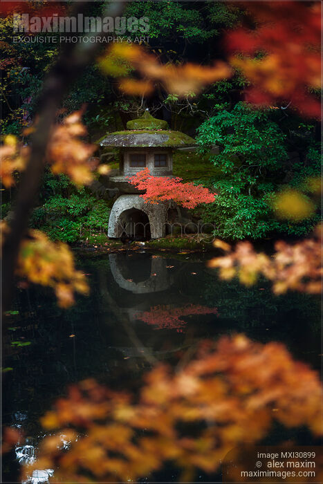 Japanese stone lantern Ishidoro at Tenjuan Temple pond Zen gardenin Kyoto Stock photo of Japanese stone lantern Ishidoro at Tenjuan Temple pond Zen gardenin Kyoto Buy commercial use license at MaximImages