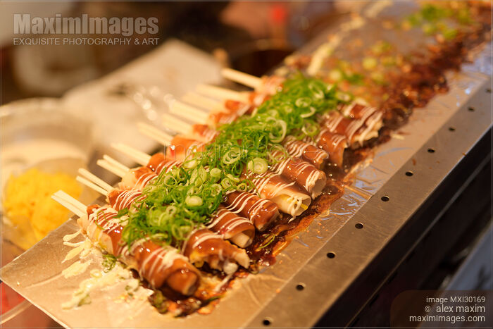 Japanese street food Hashimaki on a street food market stall in Kyoto Stock photo of Japanese street food Hashimaki on a street food market stall in Kyoto Buy commercial use license at MaximImages