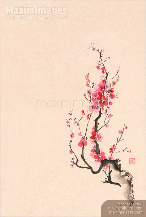 Japanese sumi-e ink painting of an iconic plum blossom branch with red flowers on beige background Stock image of Japanese sumi-e ink painting of an iconic plum blossom branch with red flowers on beige background Buy commercial use license at MaximImages