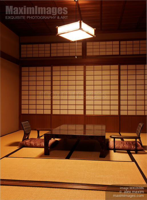 Stock photo of Japanese tea table chabudai at ryokan Buy commercial use license at MaximImages