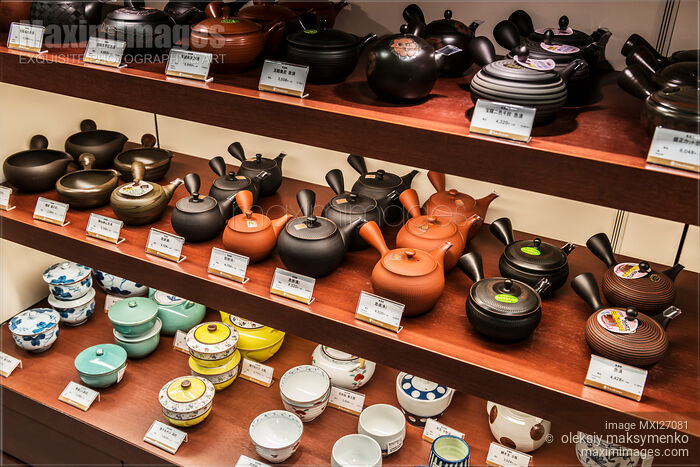Stock photo of Japanese Tokoname yaki teapots in a store Buy commercial use license at MaximImages