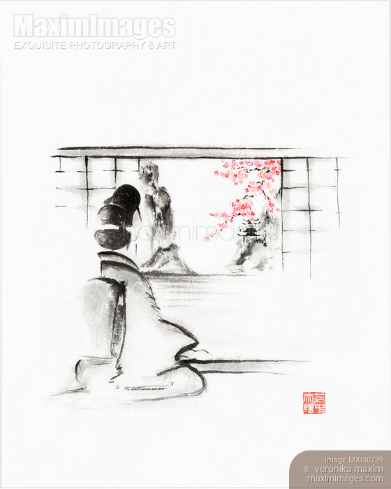 Stock image of Japanese woman in kimono sitting in front of the open shoji Sumi-e painting on white rice paper Buy commercial use license at MaximImages