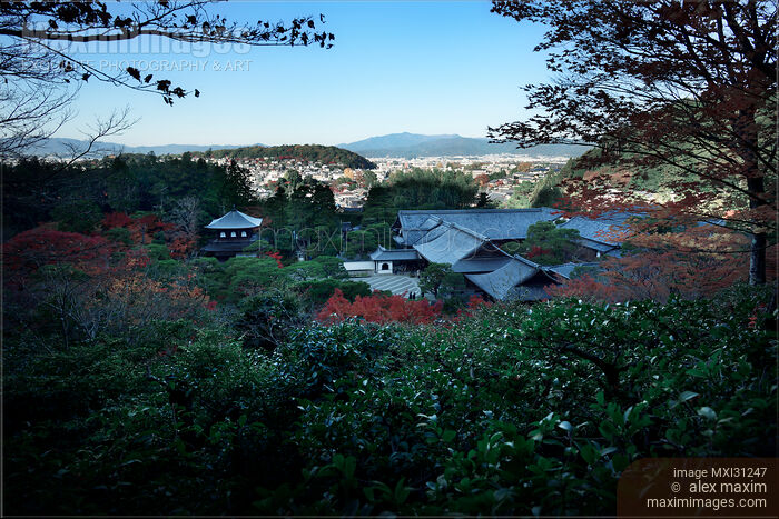 Stock photo of Jisho-ji temple Ginkaku-ji Temple of the Silver Pavilion rooftops in aerial autumn Kyoto city landscape Buy commercial use license at MaximImages