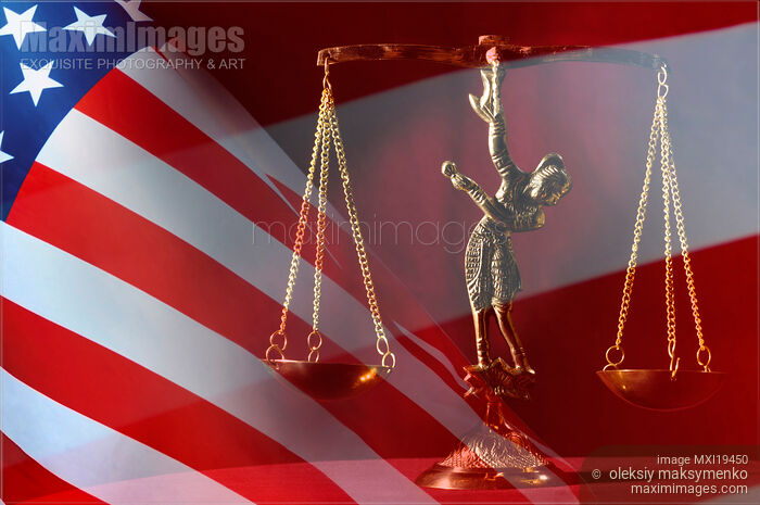 Stock photo of Justice Scales and American Flag Buy commercial use license at MaximImages