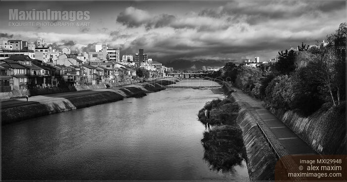 Stock photo of Kamo River Kamo-gawa black and white panorama in beautiful dramatic sunrise Kyoto Buy commercial use license at MaximImages