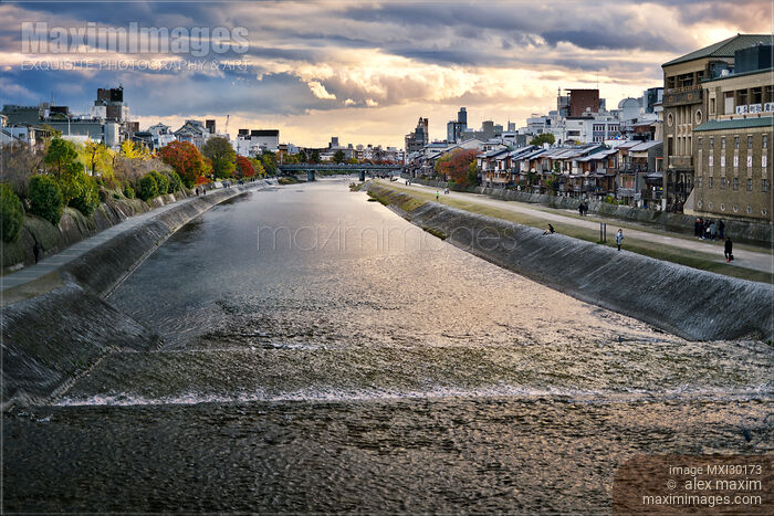 Kamo River Kamo-gawa in a beautiful sunset autumn scenery in Kyoto Japan Stock photo of Kamo River Kamo-gawa in a beautiful sunset autumn scenery in Kyoto Japan Buy commercial use license at MaximImages