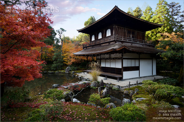 Kannon-den and Zen garden with a pond in autumn scenery of Ginkaku-ji Temple of the Silver Pavilion in Kyoto Stock photo of Kannon-den and Zen garden with a pond in autumn scenery of Ginkaku-ji Temple of the Silver Pavilion in Kyoto Buy commercial use license at MaximImages