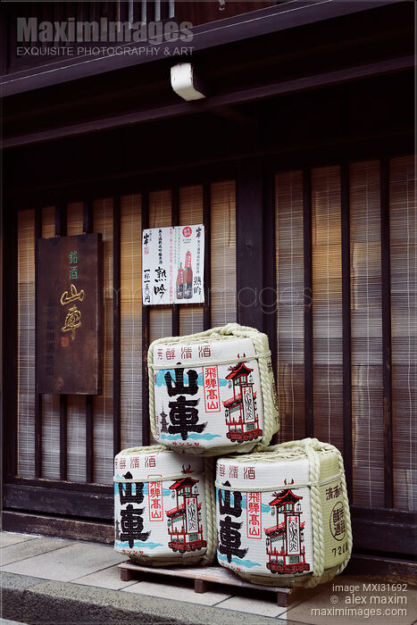 Stock photo of Kazaridaru sake barrels outside a sake brewery shop in Takayama old town Japan Buy commercial use license at MaximImages