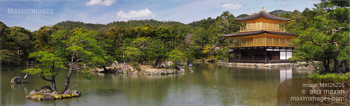Kinkaku-ji Temple of the Golden Pavilion in Kyoto panorama Stock photo of Kinkaku-ji Temple of the Golden Pavilion in Kyoto panorama Buy commercial use license at MaximImages