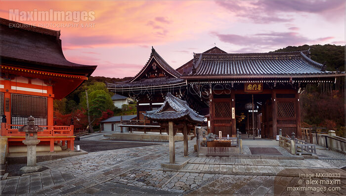 Stock photo of Kiyomizu-dera Buddhist temple Todoroki-mon gate and Chozubachi cleansing basin morning scenery Kyoto Buy commercial use license at MaximImages