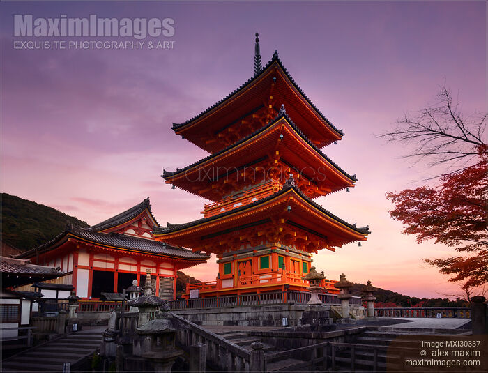 Stock photo of Kiyomizu-dera temple Sanjunoto pagoda in Kyoto autumn sunrise Buy commercial use license at MaximImages