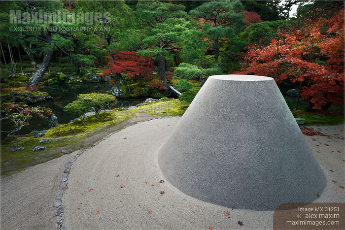 Stock photo of Kogetsudai Mount Fuji symbol in autumn scenery of Ginkaku-ji Temple of the Silver Pavilion Zen garden Buy commercial use license at MaximImages
