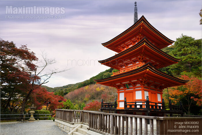 Stock photo of Koyasu 3-story pagoda at Kiyomizu-dera Buddhist temple in autumn Kyoto Buy commercial use license at MaximImages