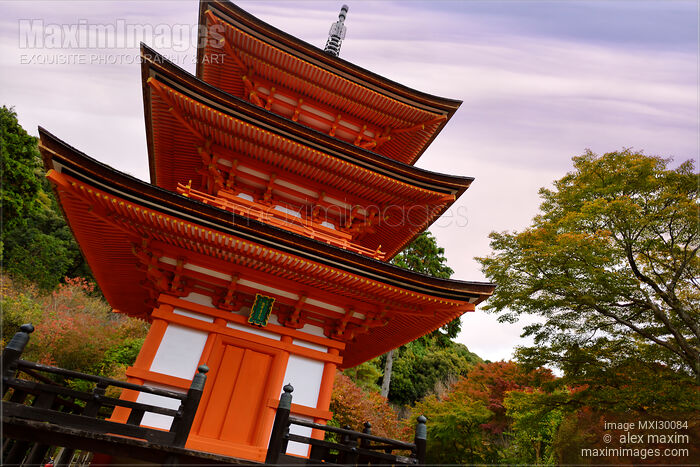 Stock photo of Koyasu pagoda dedicated to goddess of childbirth at Kiyomizu-dera Buddhist temple in fall Kyoto Buy commercial use license at MaximImages